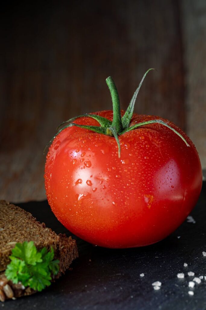 Close-up of a dewy red tomato and brown bread slice on a slate board. Perfect for healthy eating concepts.