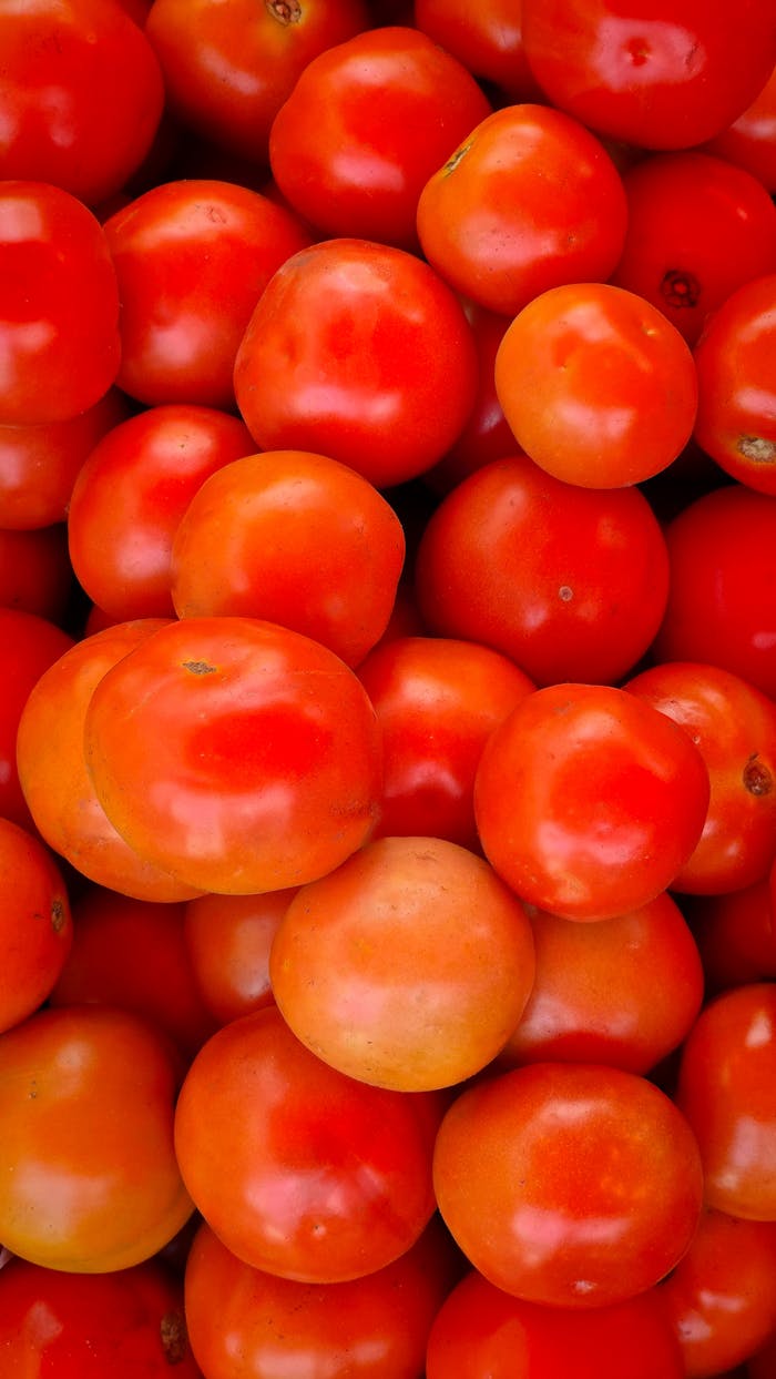 Bright, fresh tomatoes piled together, showcasing rich color and organic freshness for healthy food visuals.