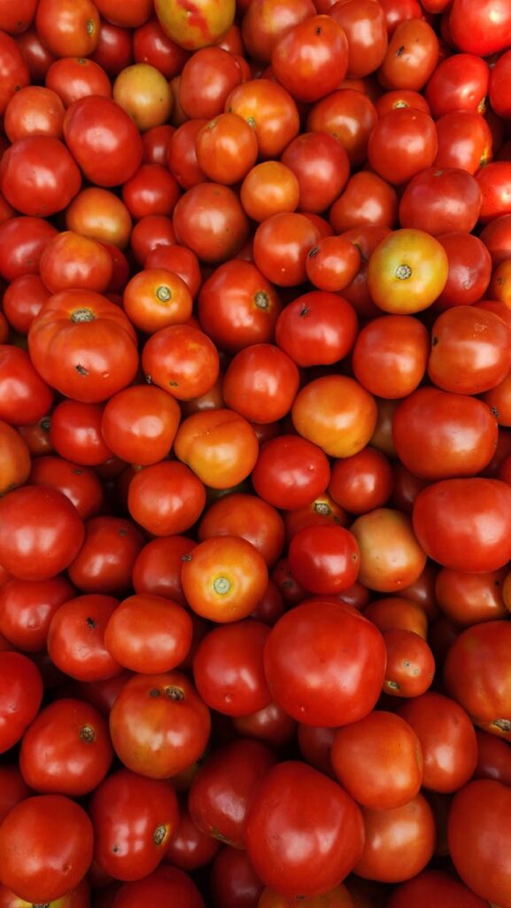 A vibrant collection of fresh red tomatoes on display in a market setting, showcasing their lush texture and vivid color.